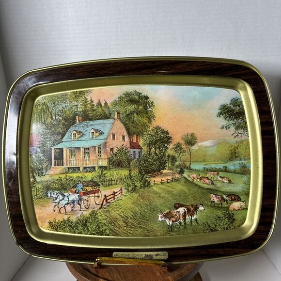 Lot of 2 American Homestead Summer & Autumn Hand Painted Wooden Tin Trays Plates - Picture 2 of 14